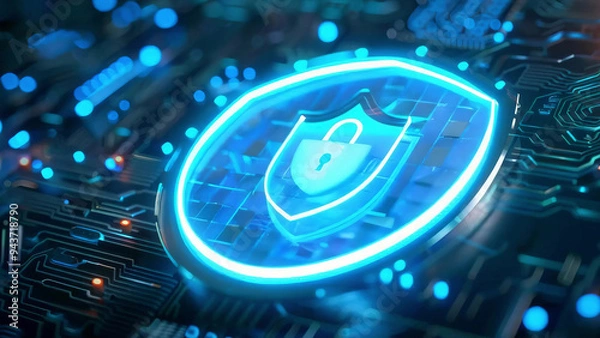 Obraz Neon lock icon against a digital circuit background in cyberspace symbolizing cybersecurity, antivirus protection, and digital security measures new stock image illustration AI