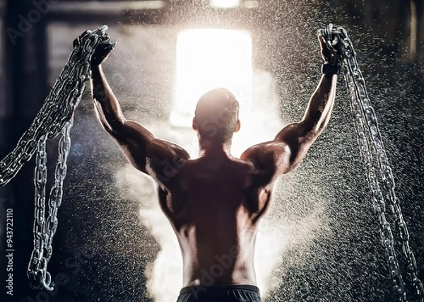 Fototapeta Man freeing himself from thick chains with intense white light entering dark warehouse