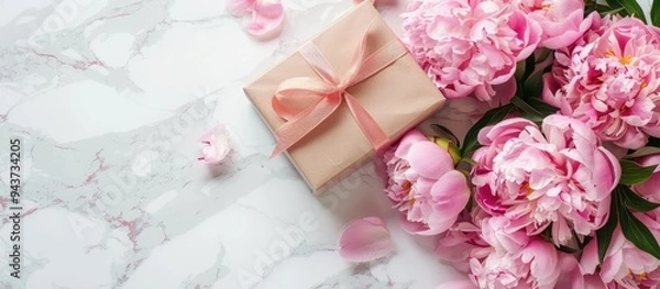 Fototapeta Background featuring pink peonies and gift boxes on a marble surface. with copy space image. Place for adding text or design