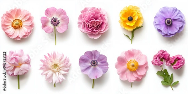 Fototapeta An exquisite collection of different beautiful flowers displayed on a white background, each bloom meticulously detailed, showcasing the vibrant colors and delicate beauty of nature’s finest floral cr