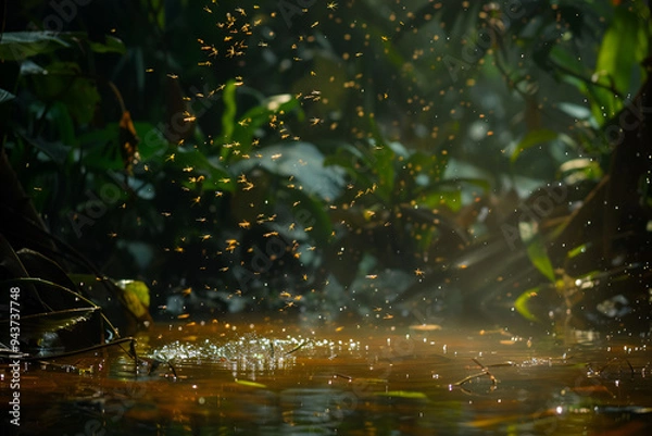 Obraz Mosquitoes Swarming Over Still Water in Jungle
