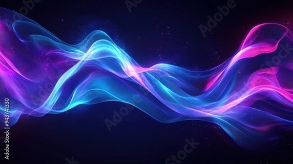 Obraz Abstract Blue and Pink Neon Light Waves with Glowing Particles on a Black Background.