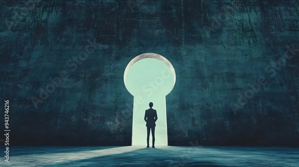 Fototapeta Person standing before a giant metaphorical keyhole symbolizing the key to unlocking success achievement and personal growth  The image represents the concept of opportunity potential