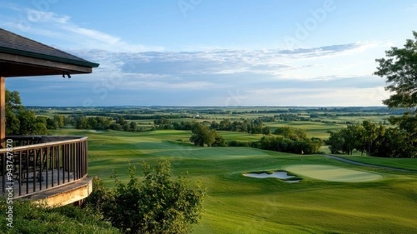 Fototapeta Breathtaking view of a golf course with lush green landscape and serene sky, perfect for relaxation and recreation.