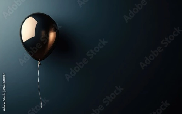 Fototapeta Single Black Balloon Floating on a Dark Blue Background with Copy Space.