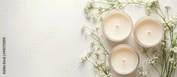 Fototapeta Set for homemade natural eco soy wax candles on a white background Crafting DIY candles Top view copyspace