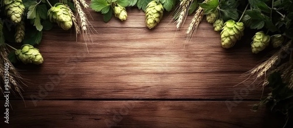 Fototapeta Fresh green hops and wheat spikes on a wooden surface top view with room for text Beer production. with copy space image. Place for adding text or design