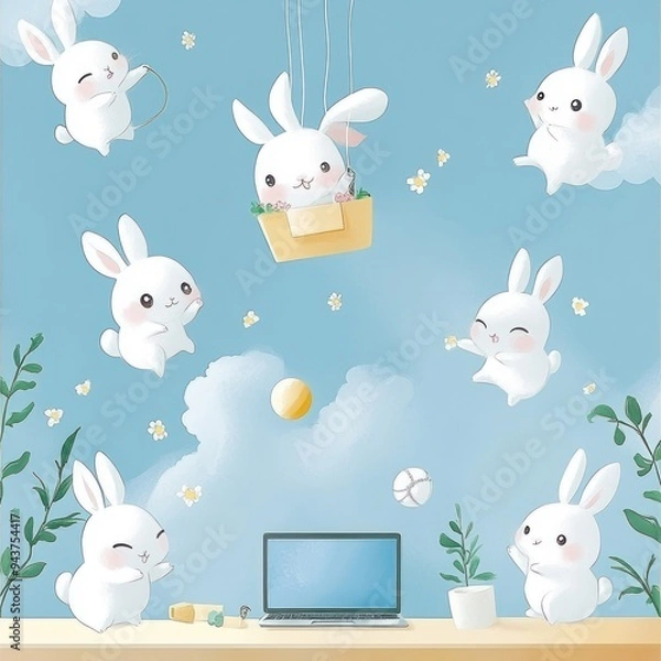 Fototapeta Cute rabbits engaging in playful activities around a laptop in a bright, cheerful setting.