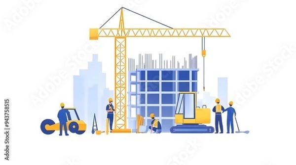 Obraz Vector illustration of a group of people working on a construction site, building a stairway and a modern yellow backhoe truck with a white background, in a flat design style with simple shapes
