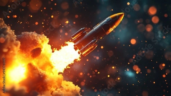 Obraz 3D Render of Rocket Launching from Laptop