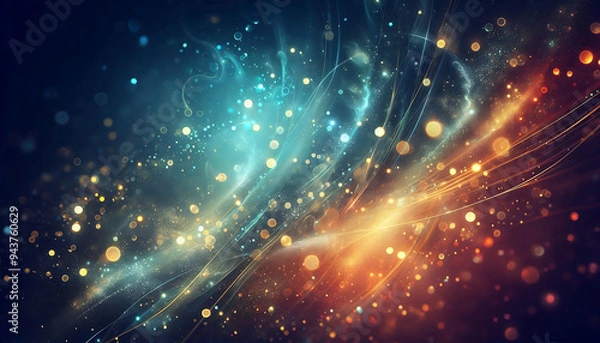 Fototapeta A vibrant abstract background featuring a blend of soft blue and gold tones illuminated by glimmering bokeh effects. Sparkling particles create a sense of golden and blue lights