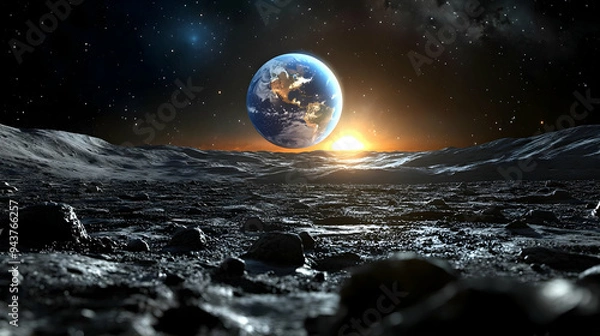Fototapeta A stunning view of Earth from the surface of the moon during a sunrise, with a rocky foreground and a starry sky.