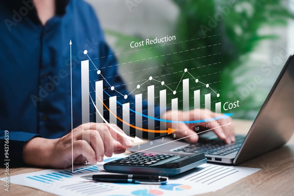 Obraz Cost management, Cost reduction concept, Businessman use laptop to analyse profit, Graph cost control and high quality of product optimize manufacturing, Decreasing company expenses to maximize profit