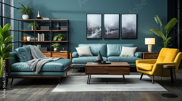 Fototapeta Modern living room with teal walls and matching leather sofas, accented by a vibrant yellow armchair, featuring wooden furniture and open shelving.