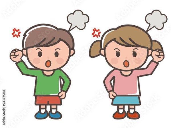 Fototapeta 激怒する男の子と女の子の全身イラスト（小学生、幼児、子供）