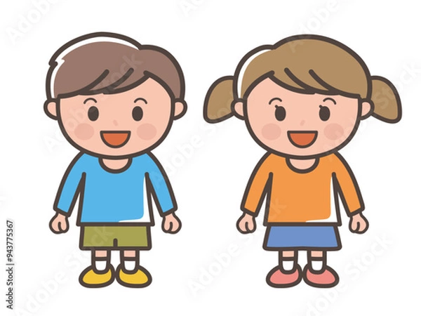 Fototapeta 笑顔で楽しそうな男の子と女の子の全身イラスト（小学生、幼児、子供）