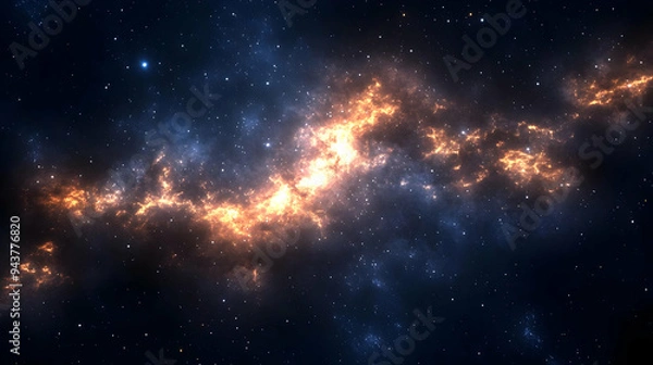 Fototapeta A swirling nebula of orange and blue dust and gas fills the night sky, illuminated by distant stars.