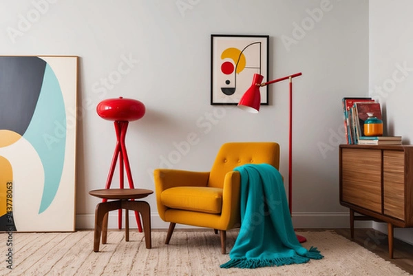 Fototapeta A cozy reading nook with a mustard yellow armchair, paired with a bold red floor lamp
