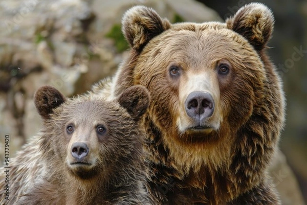Fototapeta Grizzly bear mother and cub resting together in a natural habitat, close up view
