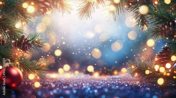 Fototapeta A festive Christmas background with pine branches, ornaments, and bokeh lights creating a warm and magical atmosphere.