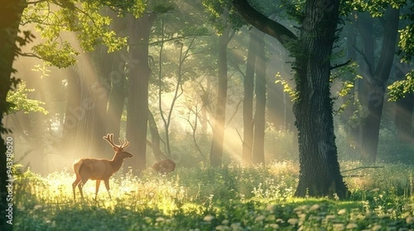 Fototapeta Majestic deer standing in a serene forest glade, bathed in the soft glow of the morning sunlight filtering through the trees.