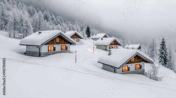 Fototapeta Winter Wonderland A Charming Village Adorned with Christmas Decorations, Snow-Covered Houses, and a Glowing Tree Set Against a Majestic Mountain Backdrop Capturing the Magic of the Holiday Season