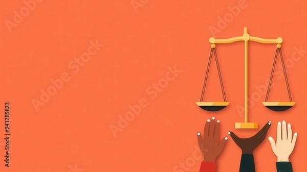 Fototapeta Justice scales with diverse hands supporting them, equality and unity, flat design illustration