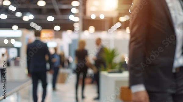 Fototapeta Blurred silhouettes of business professionals navigating a bustling trade show floor, with bright overhead lighting and exhibition booths visible in the background.