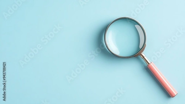 Fototapeta A close-up view of a magnifying glass positioned on a light blue background, symbolizing search and discovery.