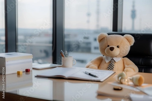 Fototapeta A plush teddy bear dressed in a business suit sits at a desk in an office. It is looking directly at the viewer with a serious expression