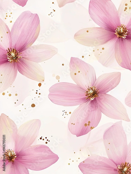 Fototapeta pink daisy floral background wallpaper, decorated with gold dots and lines