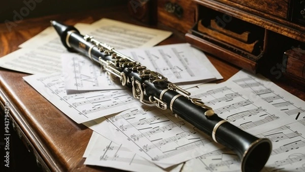 Obraz Clarinet and Sheet Music on Antique Desk with Warm Light