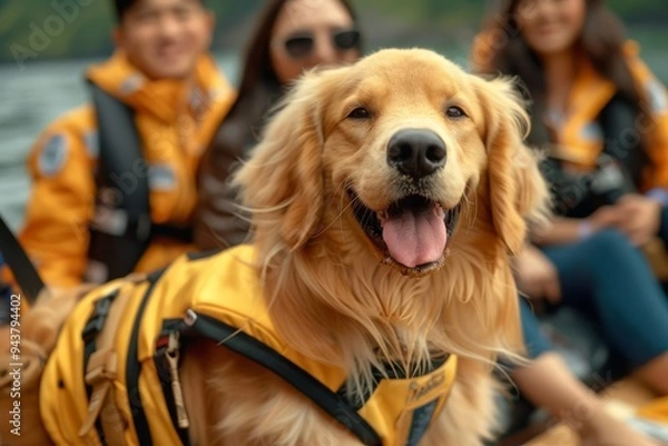 Fototapeta A golden retriever dog wearing a yellow lifeguard vest smiles at the camera while sitting in a boat with other lifeguards