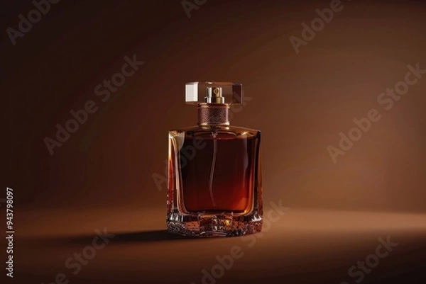Fototapeta Luxury mens perfume in bottle on brown background with space.