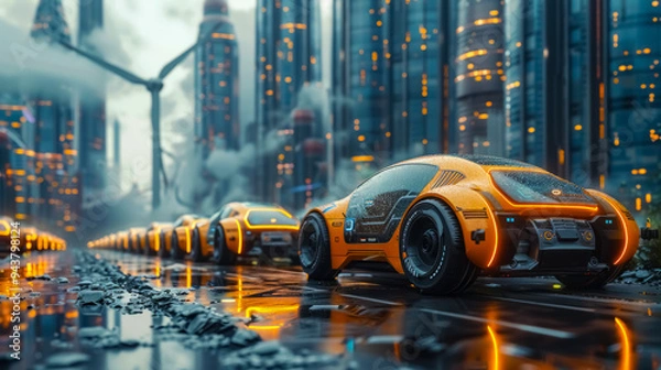 Fototapeta The integration of solar and wind power into transportation is depicted through new energy vehicles in a renewable setting