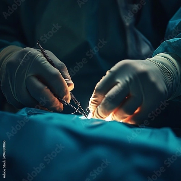 Fototapeta Close-up of a doctor's gloved hands performing surgery on a patient in the operating room