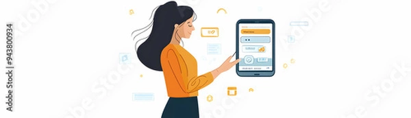 Fototapeta Woman Setting Up Mobile Payment Method concept as A woman setting up a payment method in her mobile banking app with a plain background offering space for text or additional elements. in  Simple flat 