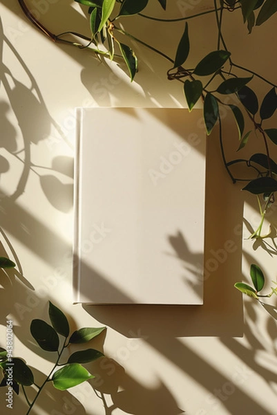 Fototapeta Photo of a minimalist blank journal on an elegant white table with sun rays and shadows. Top View of personal planner  Mockup paper notebook design with leaves and natural sunlight