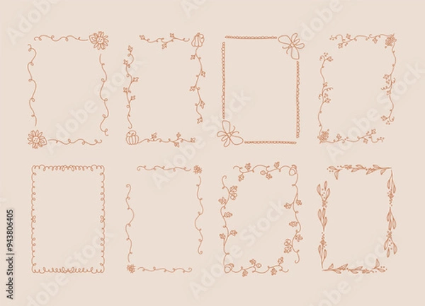 Obraz Collection of eight decorative whimsical autumn frames in line art style on a light background. Fall wedding, party, thanksgiving invitation. A4 card size. Vector hand drawn graphic set