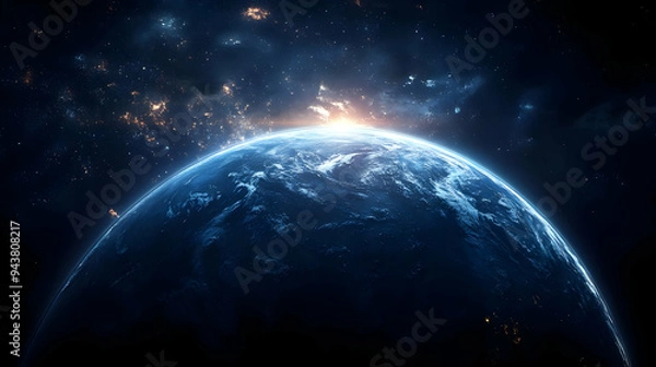 Fototapeta A view of planet Earth from space with a bright sun shining from behind the planet.
