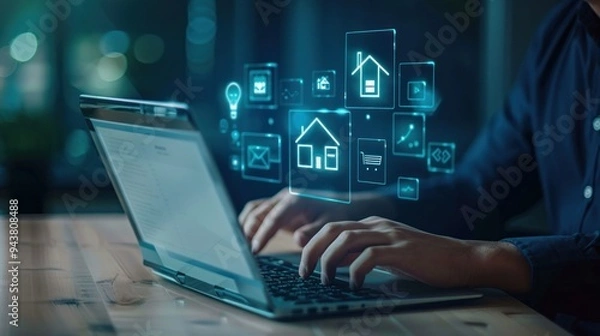 Fototapeta Strategic business success. Real estate investment. Financial planning and investment business development. Businessman use laptop with house icon for analyzing mortgage loan home and insurance real