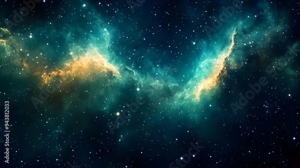 Fototapeta Abstract nebula with a dark blue background, filled with light yellow and green dust clouds and white stars.