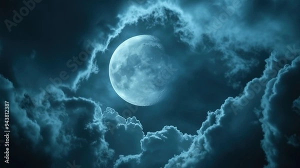 Fototapeta The moon glowing behind the moving clouds