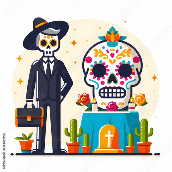 Fototapeta Flat Sugar Skull and Altar Vector concept as A vector illustration of a sugar skull and an altar isolated on a white background. This design captures the traditional elements of Dia de Muertos with a 