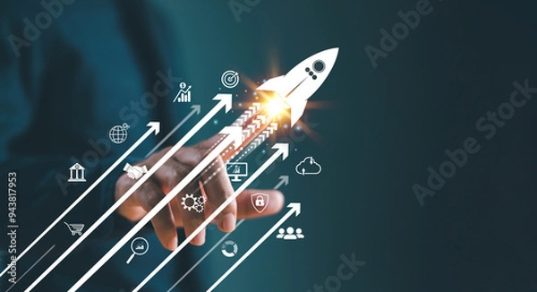 Obraz Excellence growth strategy business trend concept. Businessman hand on arrow invest icon. Fast increase sale marketing, success potential, soar rocket towards wealth opportunity. Competitive goal plan