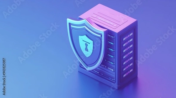 Fototapeta 3D rendered image of a secure server with a shield symbol, representing data protection, cybersecurity, and information technology security.