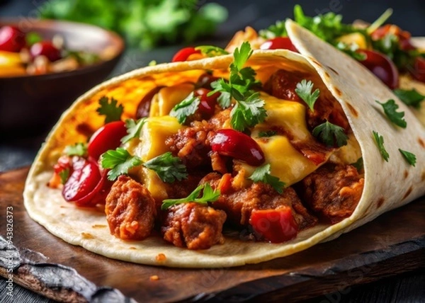 Fototapeta Vibrant close-up of sizzling chorizo and duck mixture, oozing with melted cheese, nestled in a crunchy tortilla, against a blurred dark background.