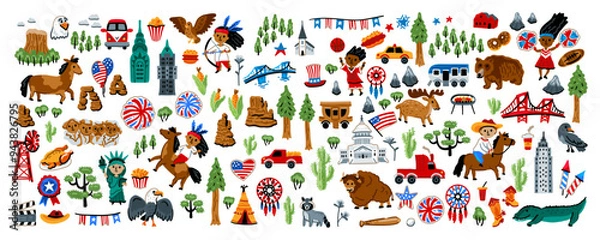 Fototapeta A huge set of North American elements. Symbols of Canada. Nature, animals, characters, objects. For maps and children designs. Travel landmarks illustrations. Cartoon style. Childish artwork