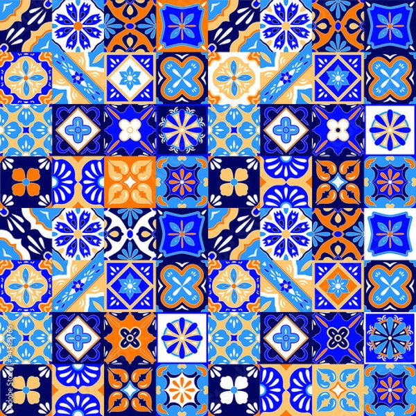 Obraz Mexican stylized talavera tiles seamless pattern in blue orange