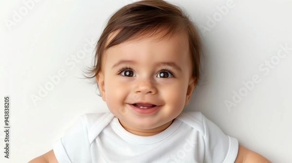 Obraz A baby is smiling and looking at the camera. The baby is wearing a white shirt and is laying on a white background